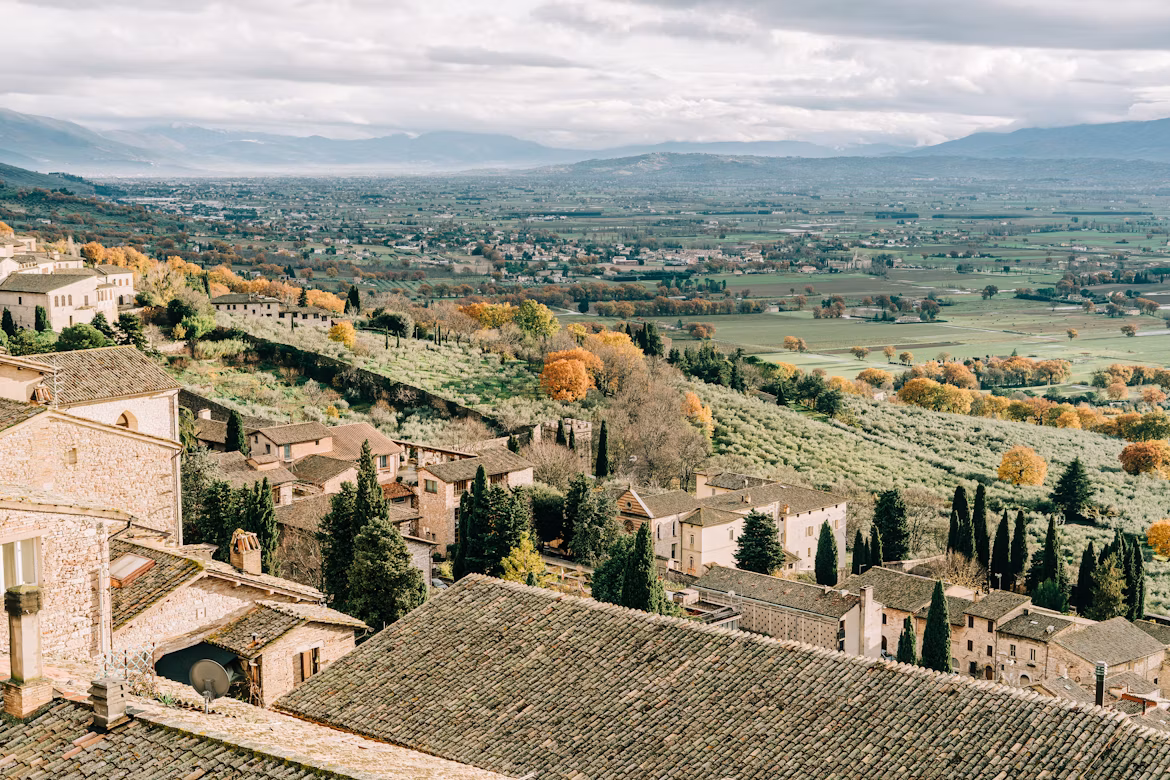 A view of rolling fields from the town of Assisi
