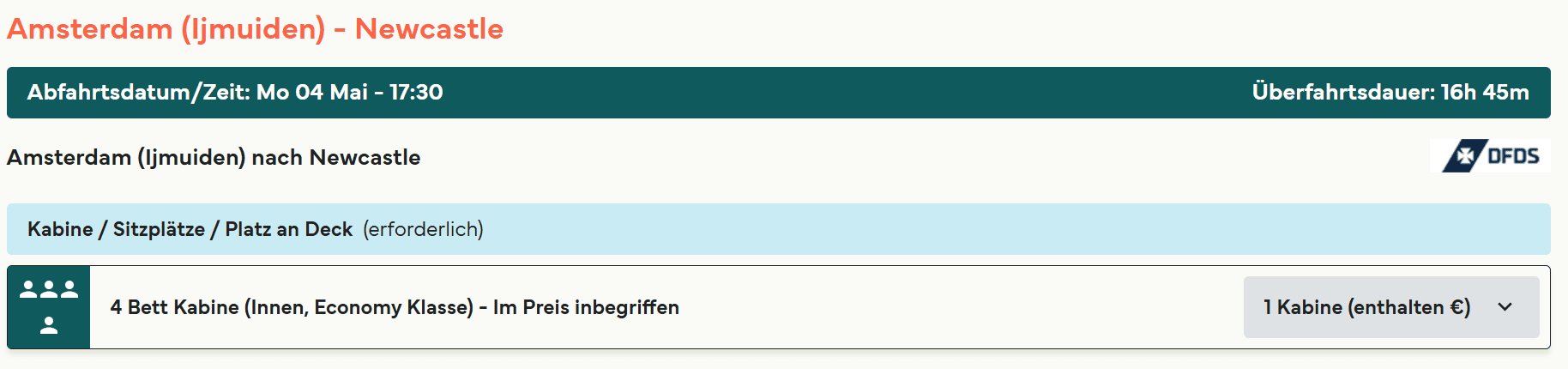 Ein Screenshot zeigt, dass auf der Fähre von Amsterdam nach Newcastle eine Kabine bereits im Preis inbegriffen ist.