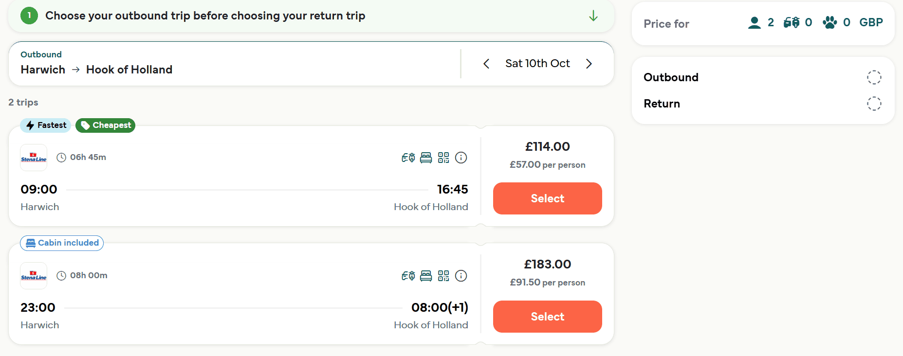 comparing routes on Direct Ferries