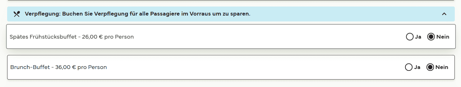 Ein Screenshot zeigt, dass es auf manchen Fähren die Option gibt, ein kostenpflichtiges Frühstücksbuffet und/oder Brunch-Buffet hinzuzufügen.