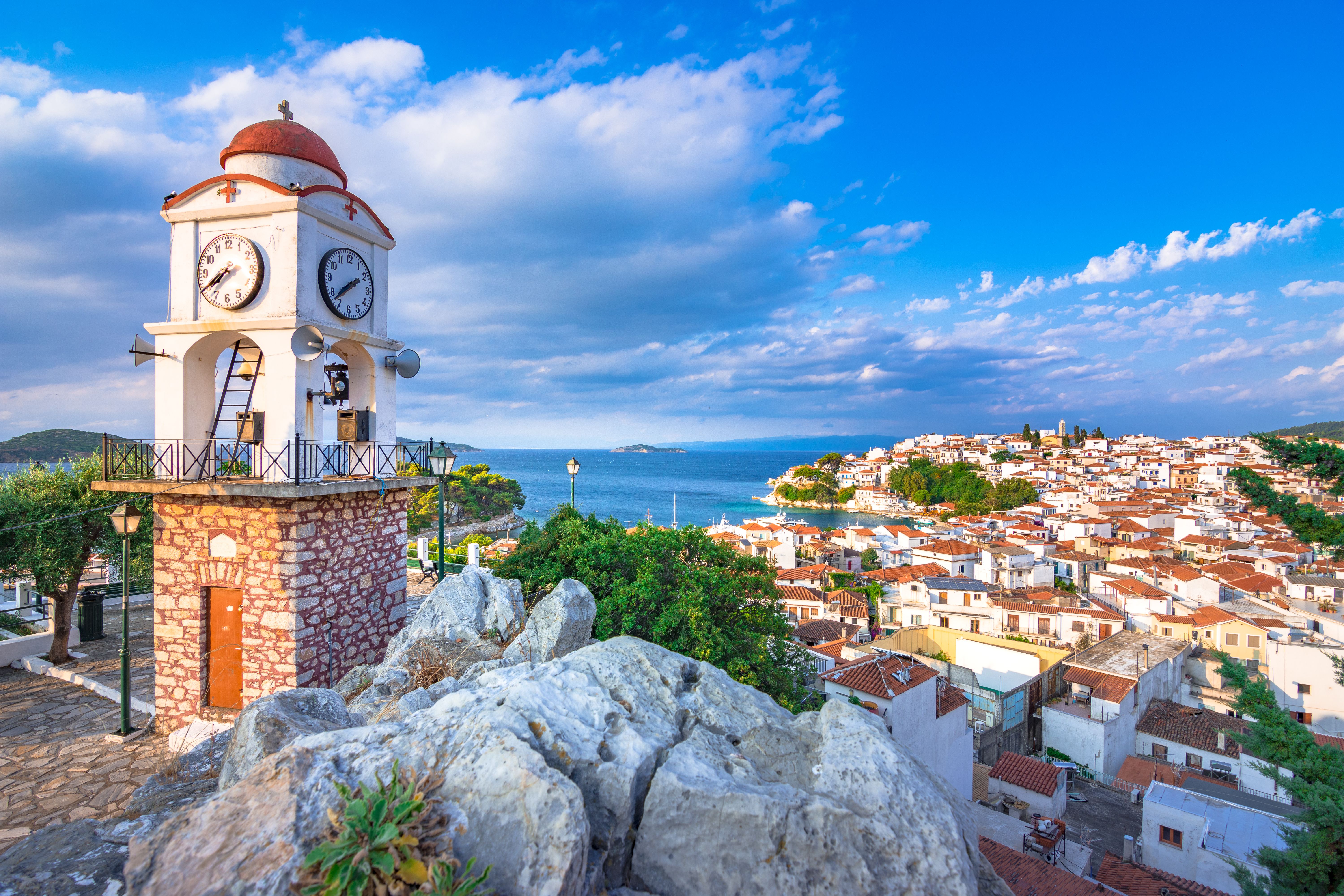 clock tower overlooking skiathos town