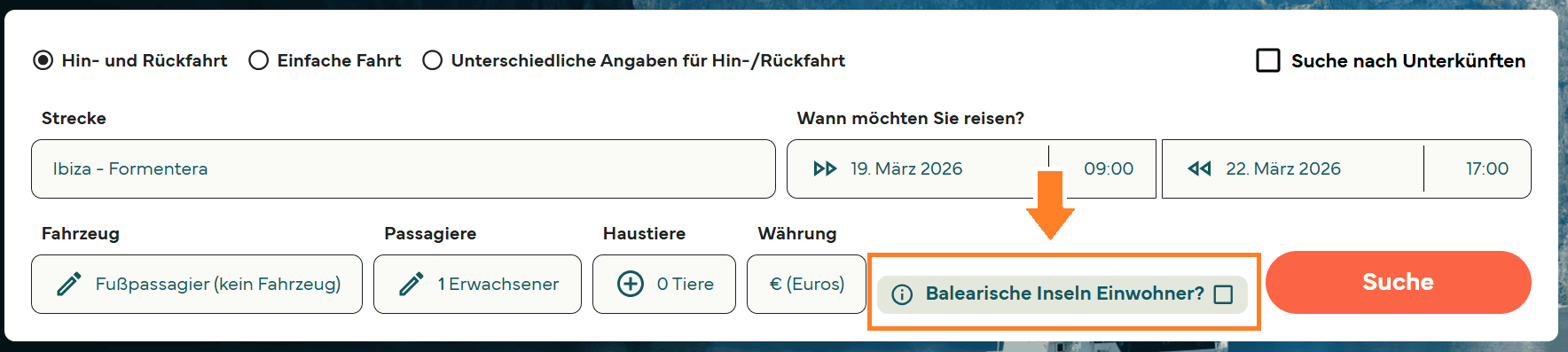 Ein Screenshot des Preisfinders von Direct Ferries. Die Schaltfläche