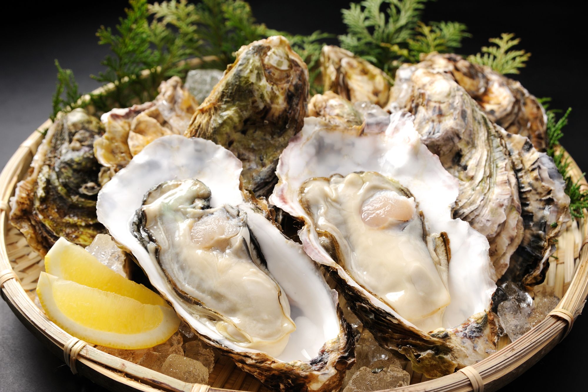 Oysters served on a bamboo platter with lemon.