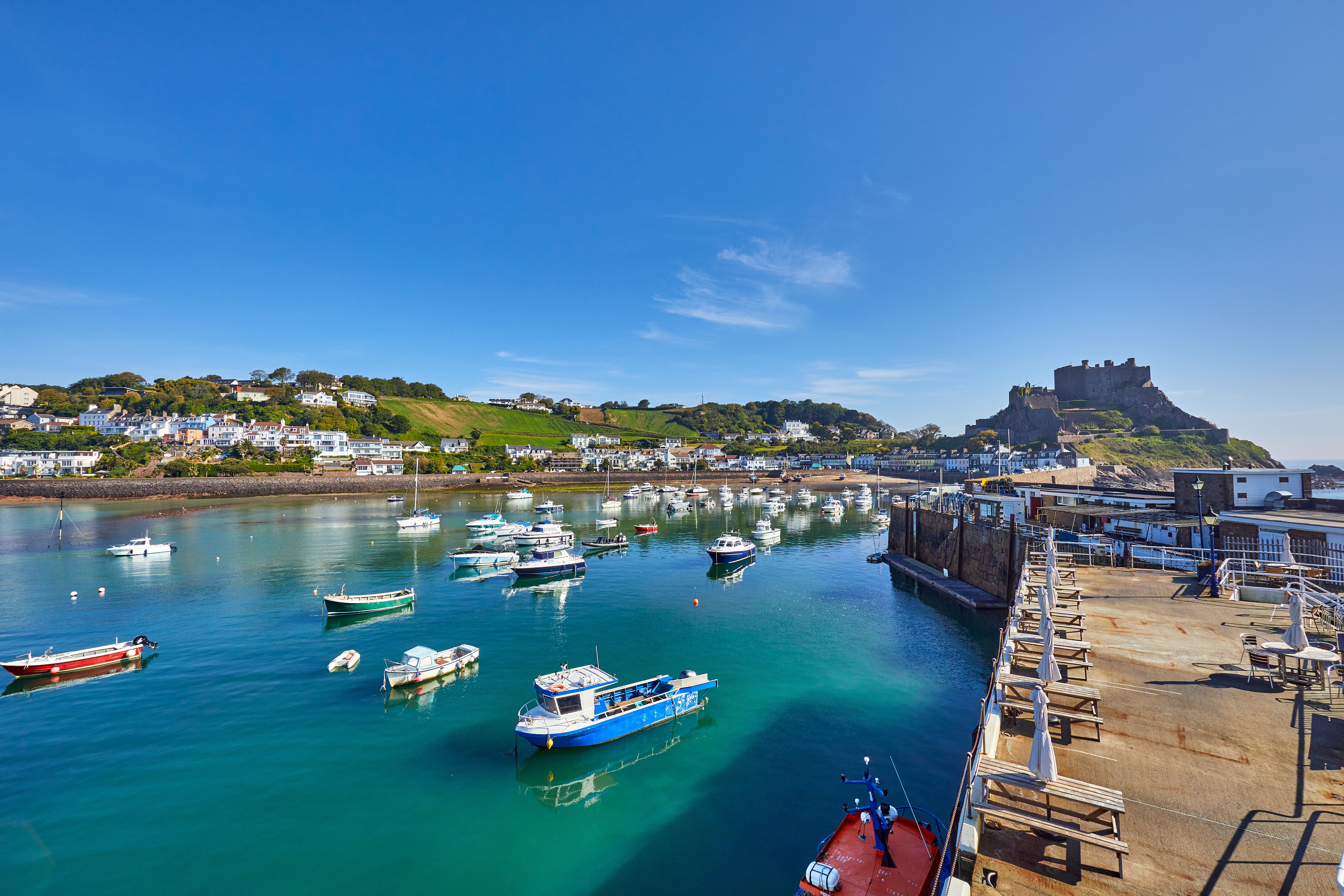 small boats docked in Gorey Harbour in Jersey 