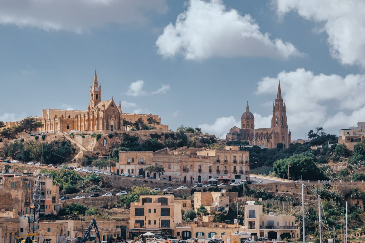 A view of Gozo from the ferry with the church in the backdrop