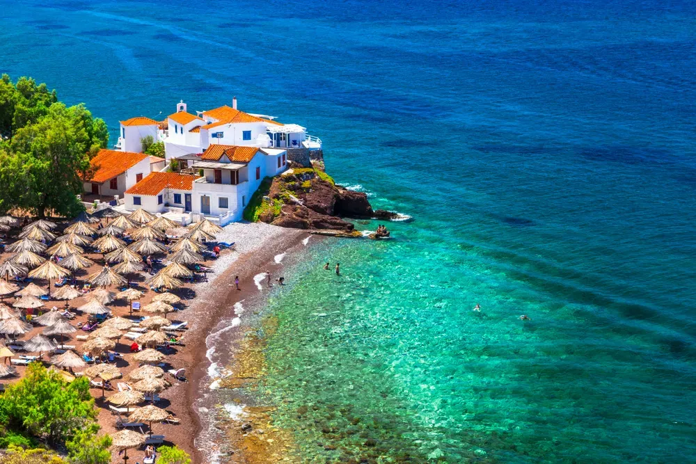 umbrellas on a bay in Hydra