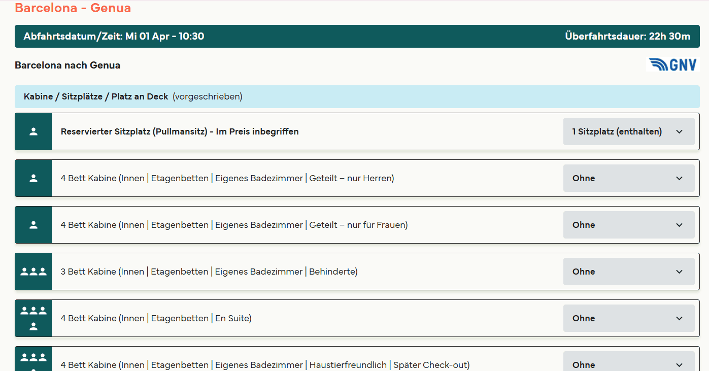 Ein Screenshot zeigt, dass ein reservierter Sitzplatz auf der Fähre von Barcelona nach Genua bereits im Peis inbegriffen ist. Optional kann man eine Kabine buchen.
