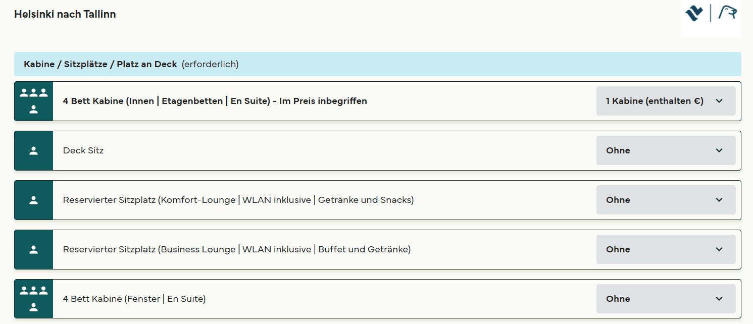 Ein Screenshot zeigt, dass man auf der Fähre von Helsinki nach Tallinn Kabinen oder Sitzplätze hinzufügen kann.