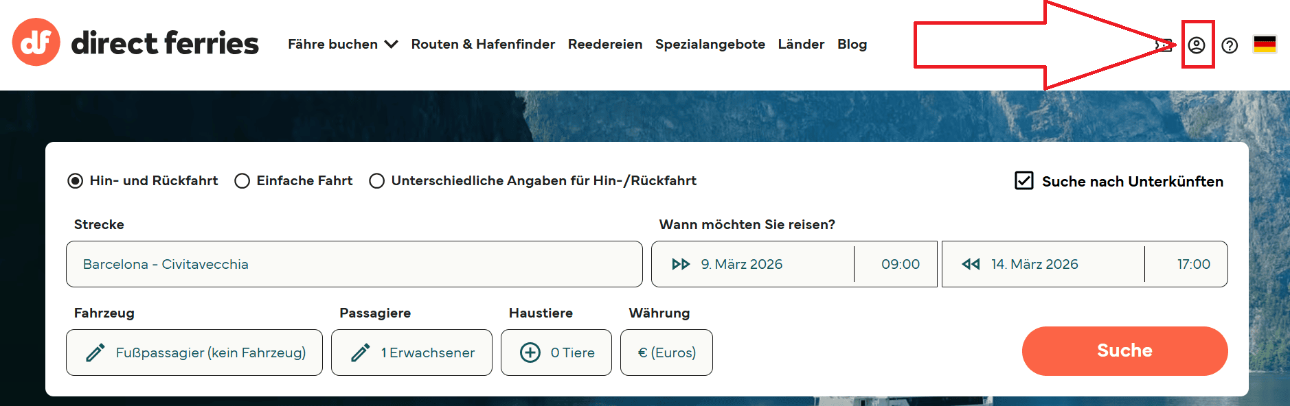 Ein Screenshot von der Startseite von Direct Ferries Deutschland. Ein roter Pfeil zeigt auf das Symbol, das den Kunden zum Bereich