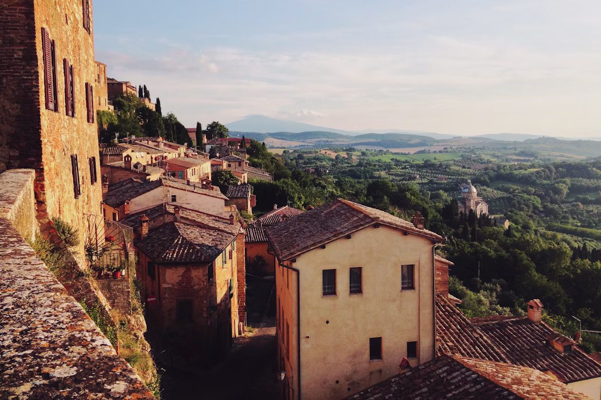 the town of Montepulciano next to the Tuscan countryside