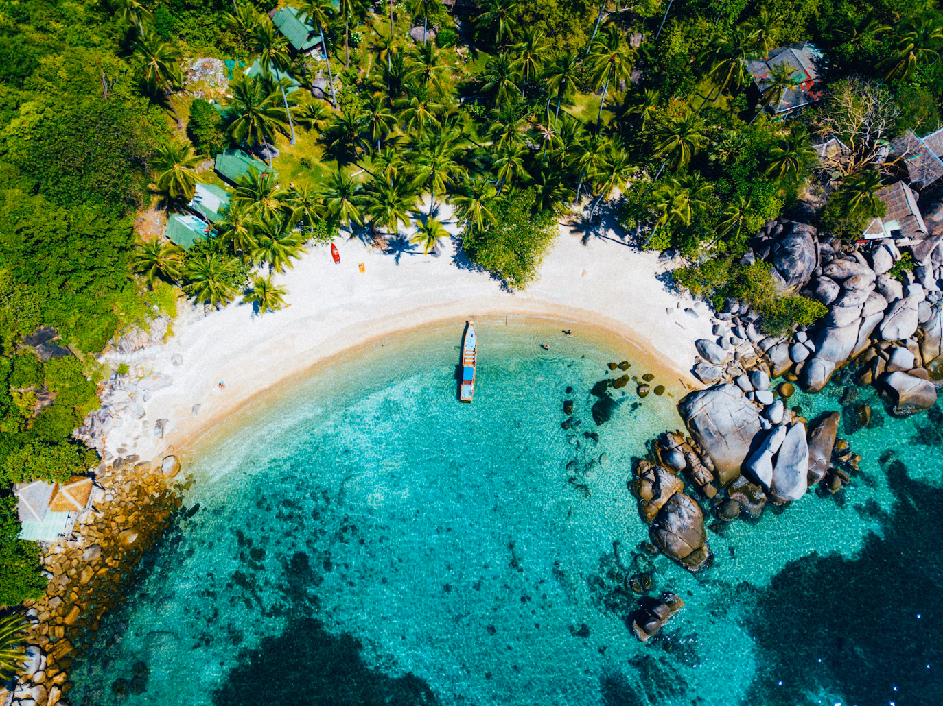 aerial view of a sandy beach lined with palm trees
