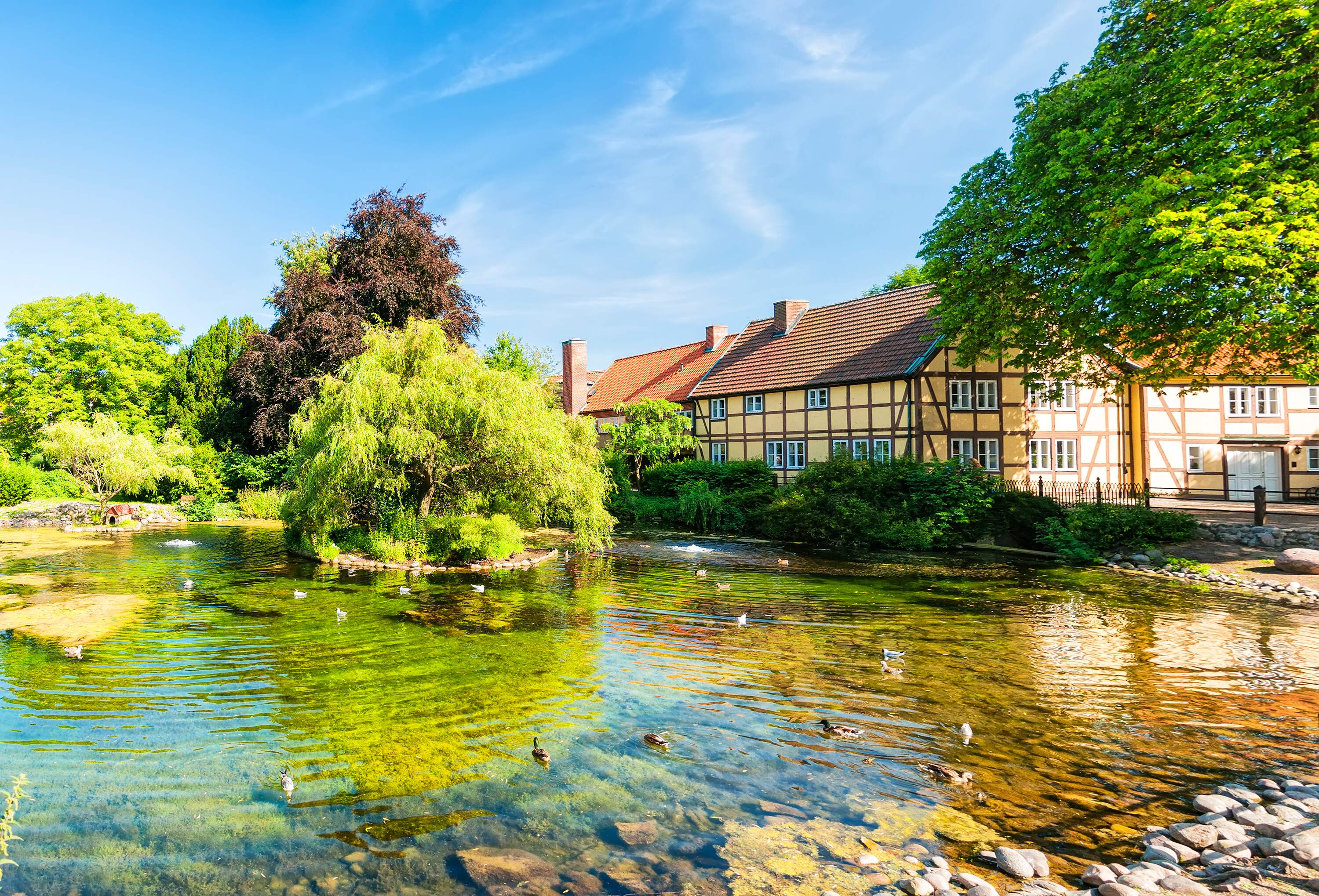 Een heldere vijver voor historische huizen bij zonnig weer.