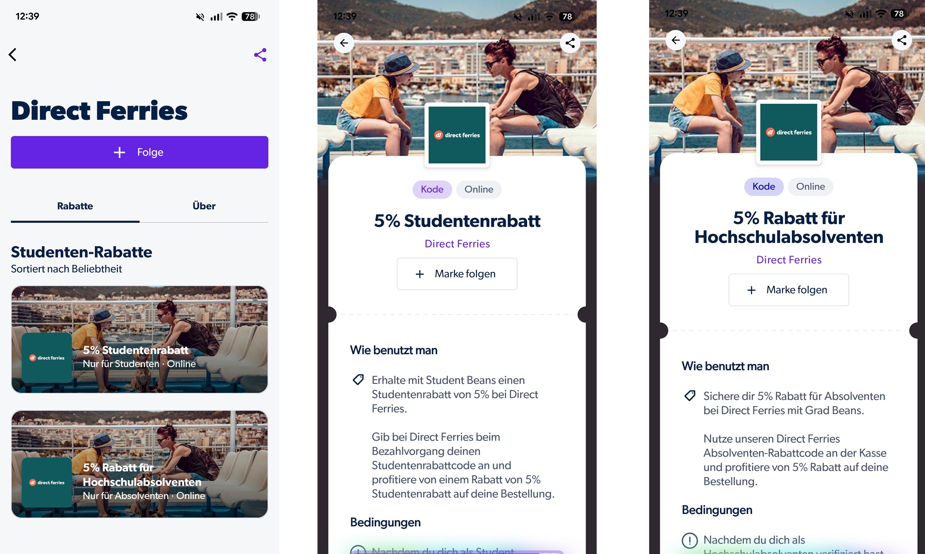 Drei Screenshots nebeneinander zeigen die Seite von Direct Ferries in der App Student Beans.