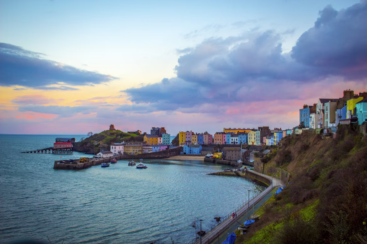 colourful houses along the harbour in Tenby in Wales