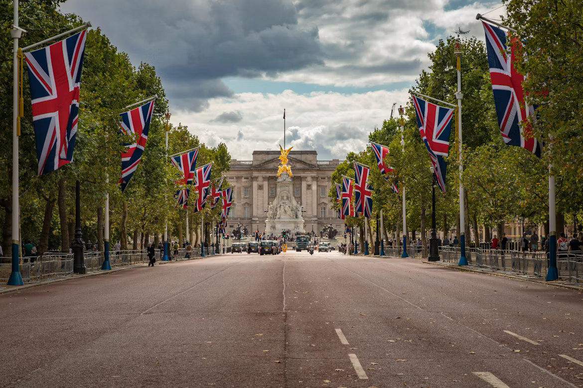 The Mall in London with Union Jack flags flying on each side