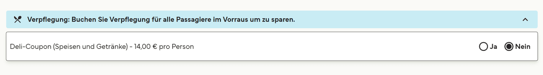 Ein Schreenshot zeigt, dass man auf manchen Fähren die Wahl hat, einen Deli-Coupon für 14 Euro pro Person hinzuzufügen.