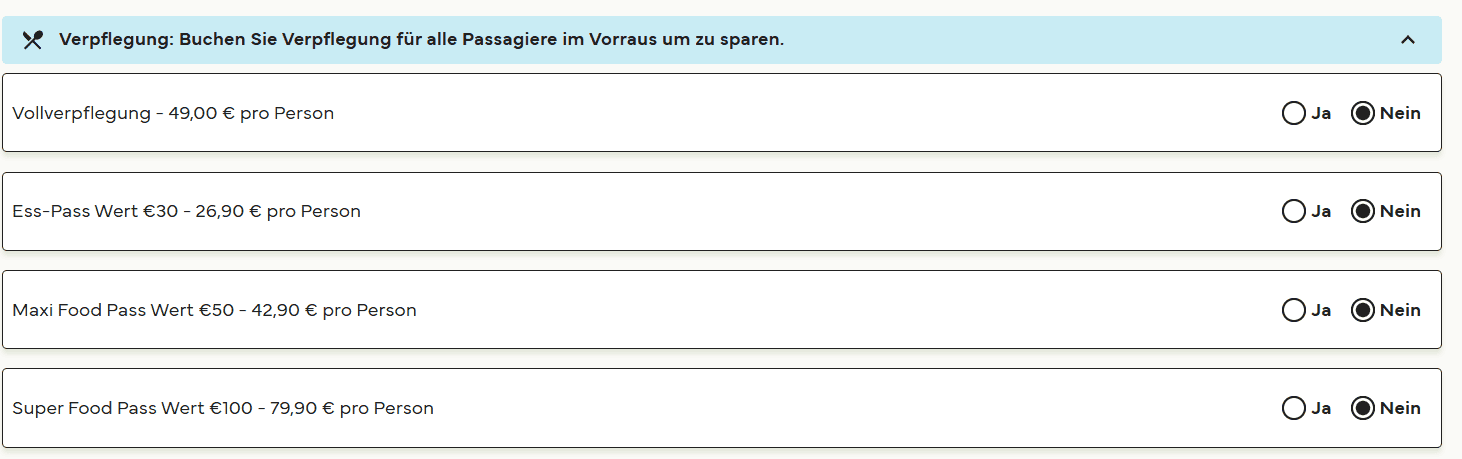 Ein Screenshot zeigt, dass ein Kunde bei der Buchung der Fähre von Barcelona nach Genua bereits seine Verpflegung im Voraus buchen kann.