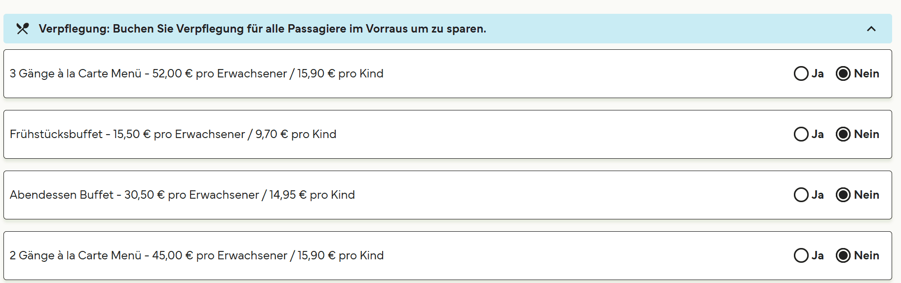 Ein Screenshot zeigt verschiedene Kindermenüs, die man bereits bei der Fährbuchung hinzufügen kann.