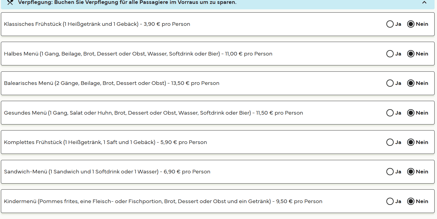 Ein Screenshot zeigt eine ganze Reihe an kostenpflichtigen Verpflegungsoptionen, die man bereits bei der Buchung der Fähre hinzufügen kann.