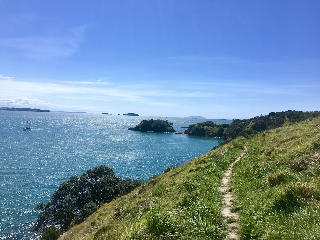 Am in der Sonne glitzernden Meer führt der Wanderweg Te Ara Hura auf der Insel Waiheke in Neuseeland vorbei.