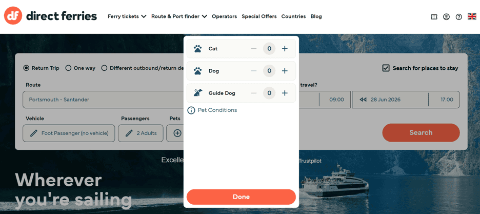 adding pets during the direct ferries booking process