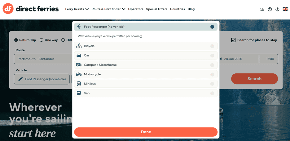 adding a vehicle during the direct ferries booking process