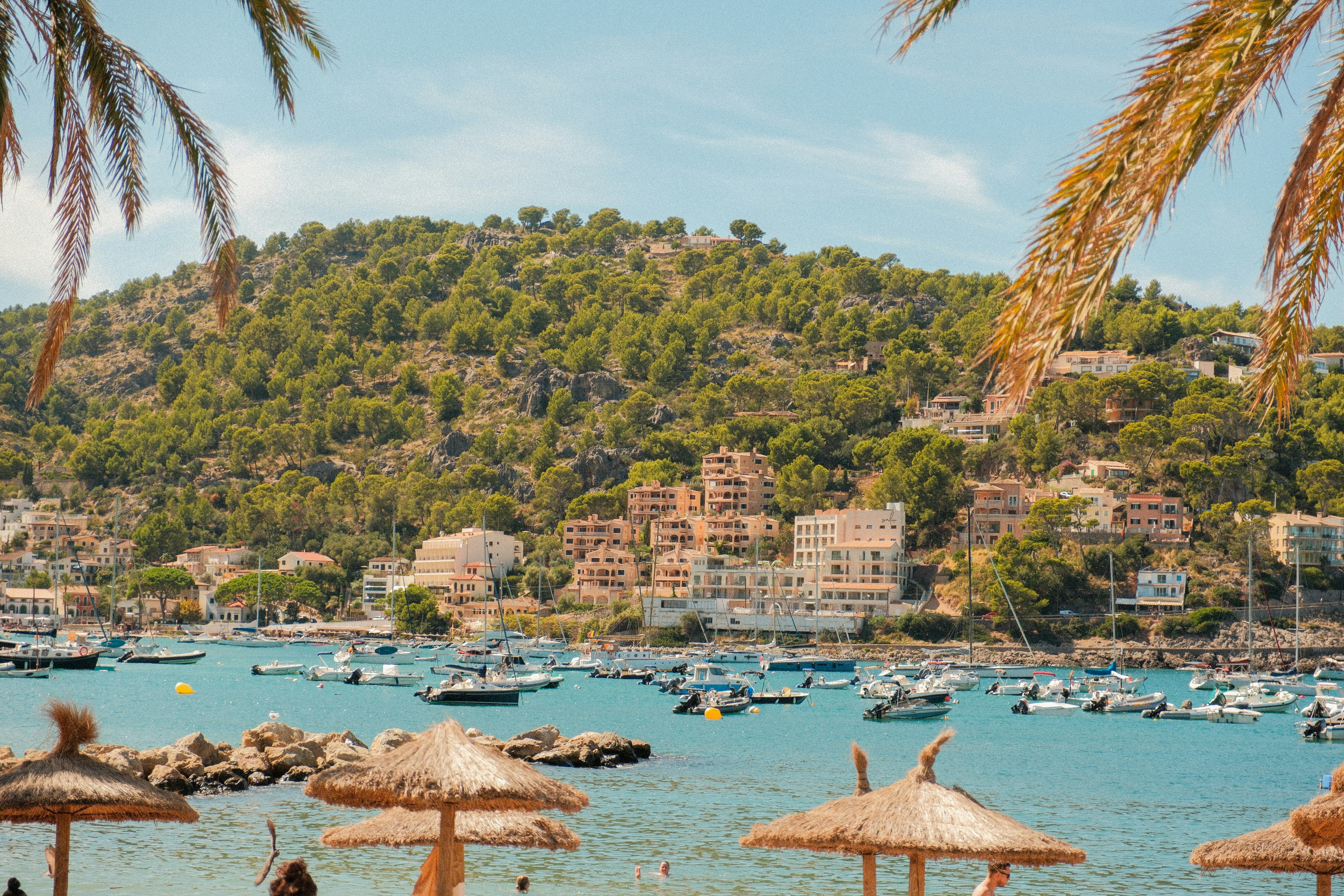umbrellas on the beach in Port de Sóller