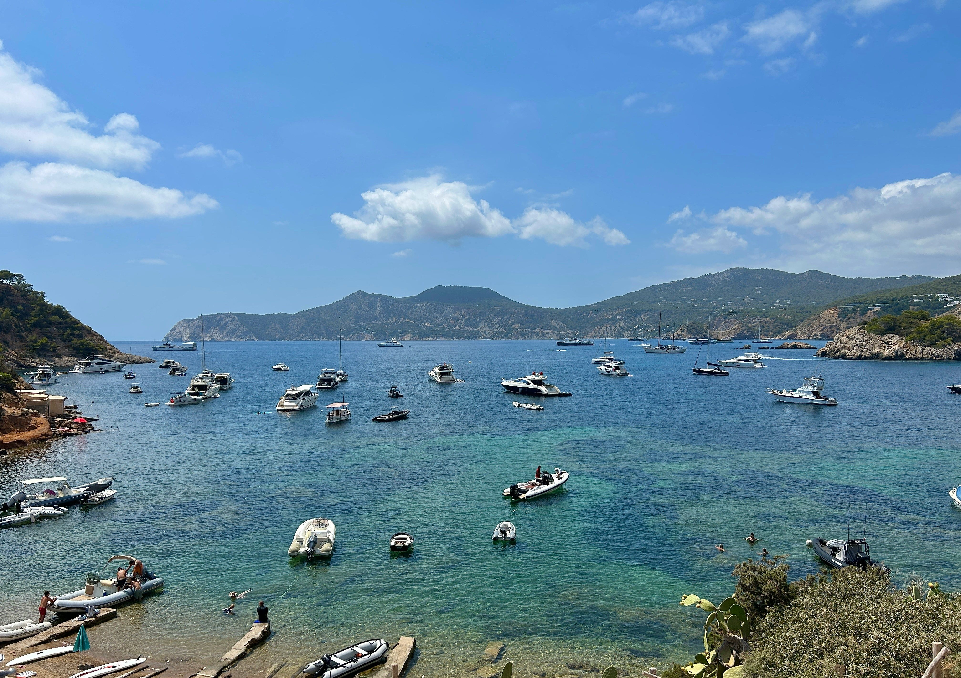 boats dotted in a bay in Ibiza