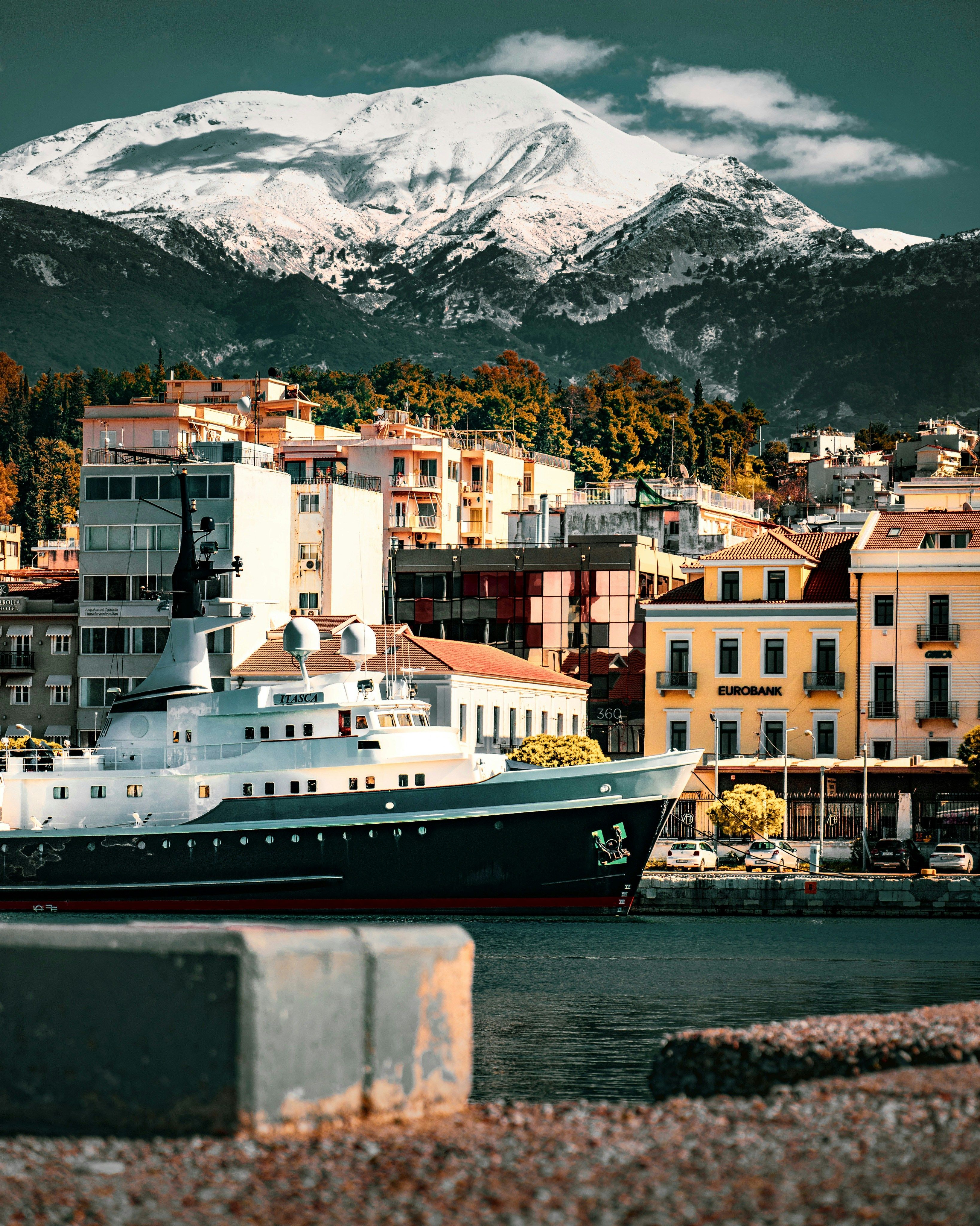 Patras port with snowy Panachaiko mountains behind