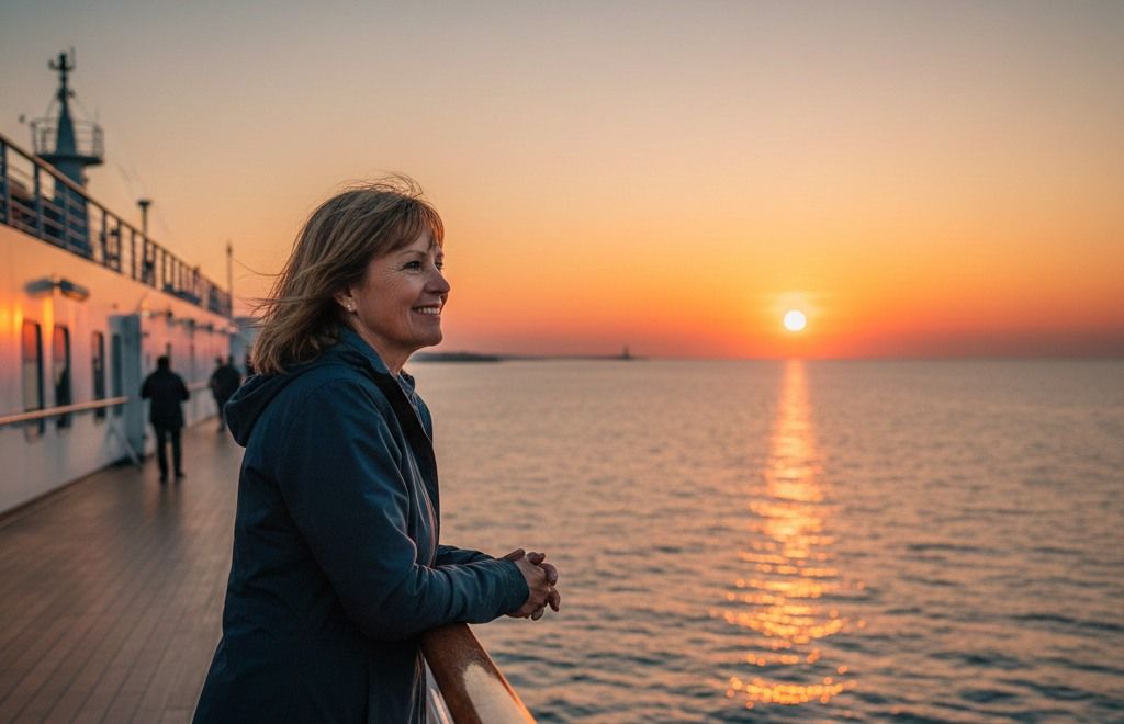 Mujer disfrutando del atardecer en la cubierta de un ferry durante una travesía tranquila.