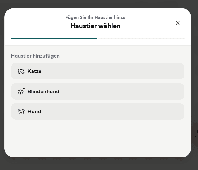 Auswahl der Haustierart mit Katze, Blindenhund und Hund