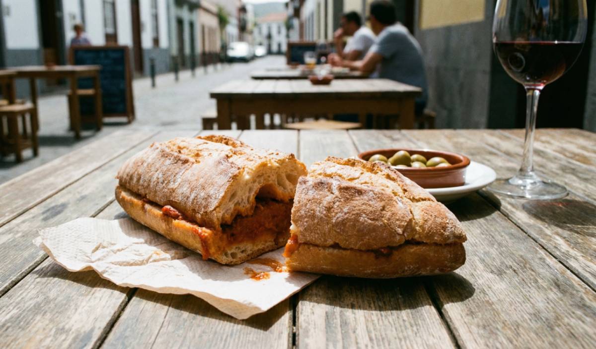 Bocadillo de chorizo de Teror servido en una mesa de madera con vino tinto y aceitunas, comida tradicional de Gran Canaria.