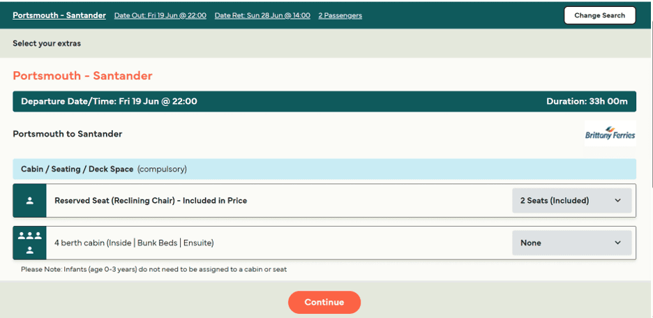 booking seats on portsmouth to santander ferry route