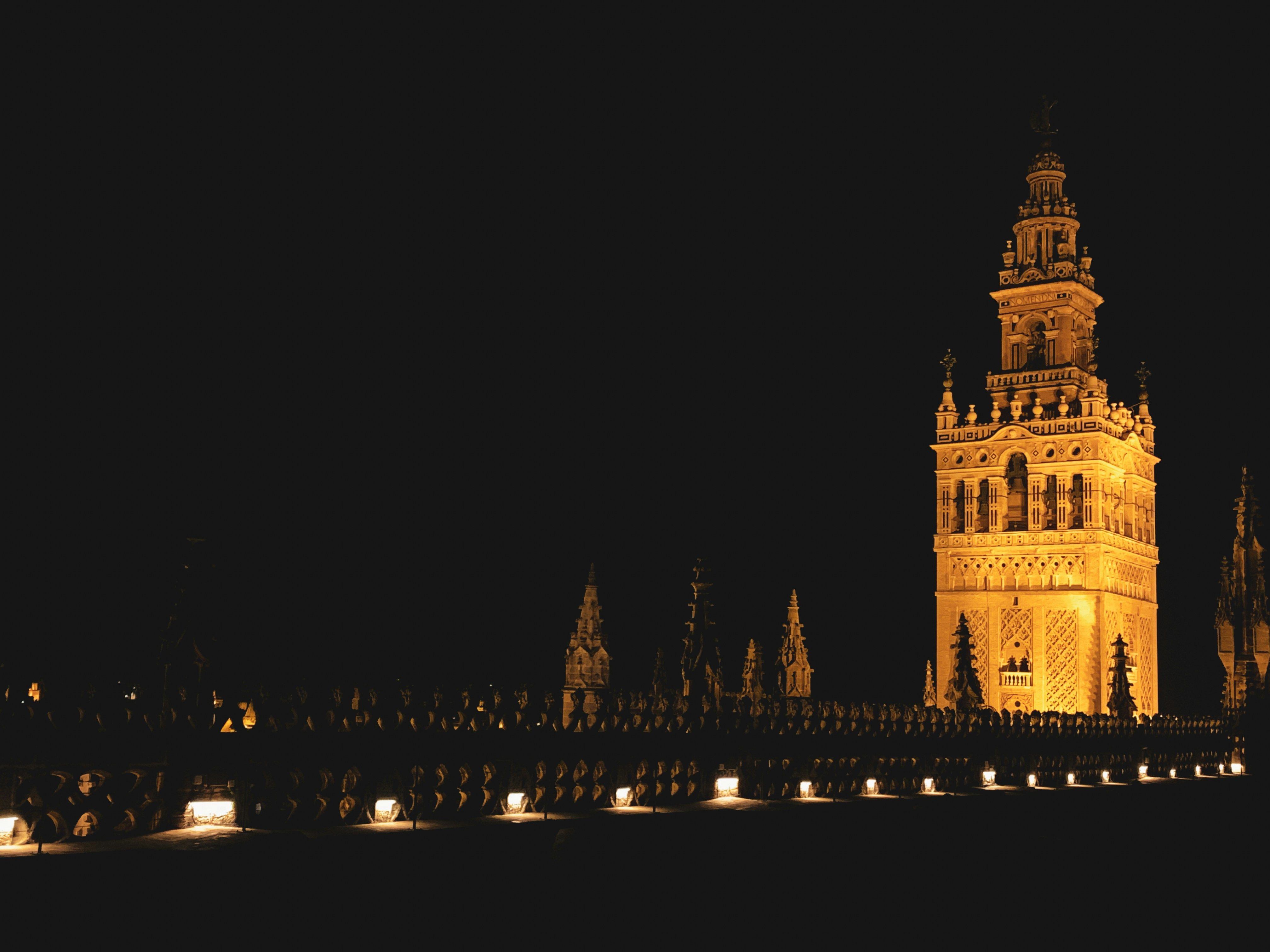 Seville cathedral lit up at night