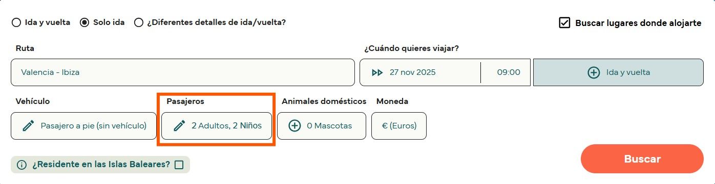 Buscador de Direct Ferries mostrando la opción de seleccionar niños al reservar un viaje de Valencia a Ibiza.