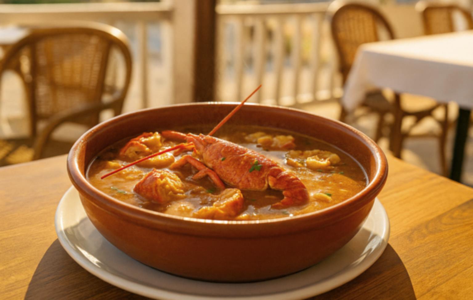 plato de cladereta de langosta en un chiringuito de Menorca