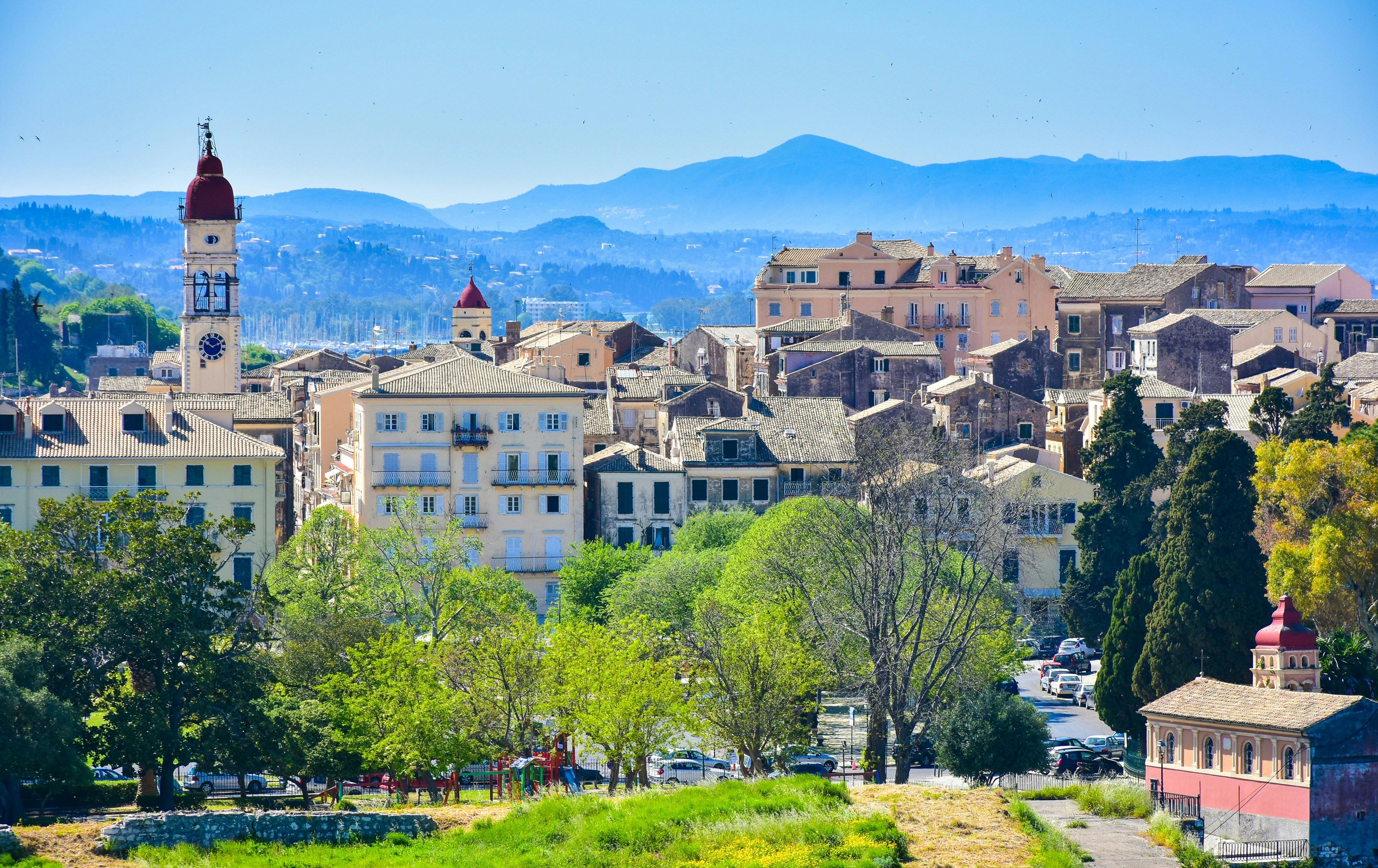 Corfu town with mountains in the background