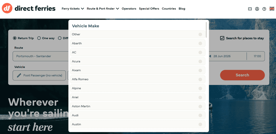 choosing vehicle make during direct ferries booking process
