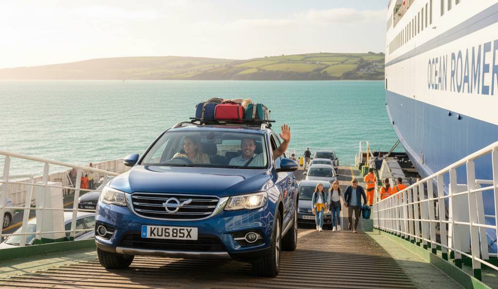 Coche familiar azul cargado con equipaje, subiendo la rampa de un ferry, mientras otras personas embarcan.