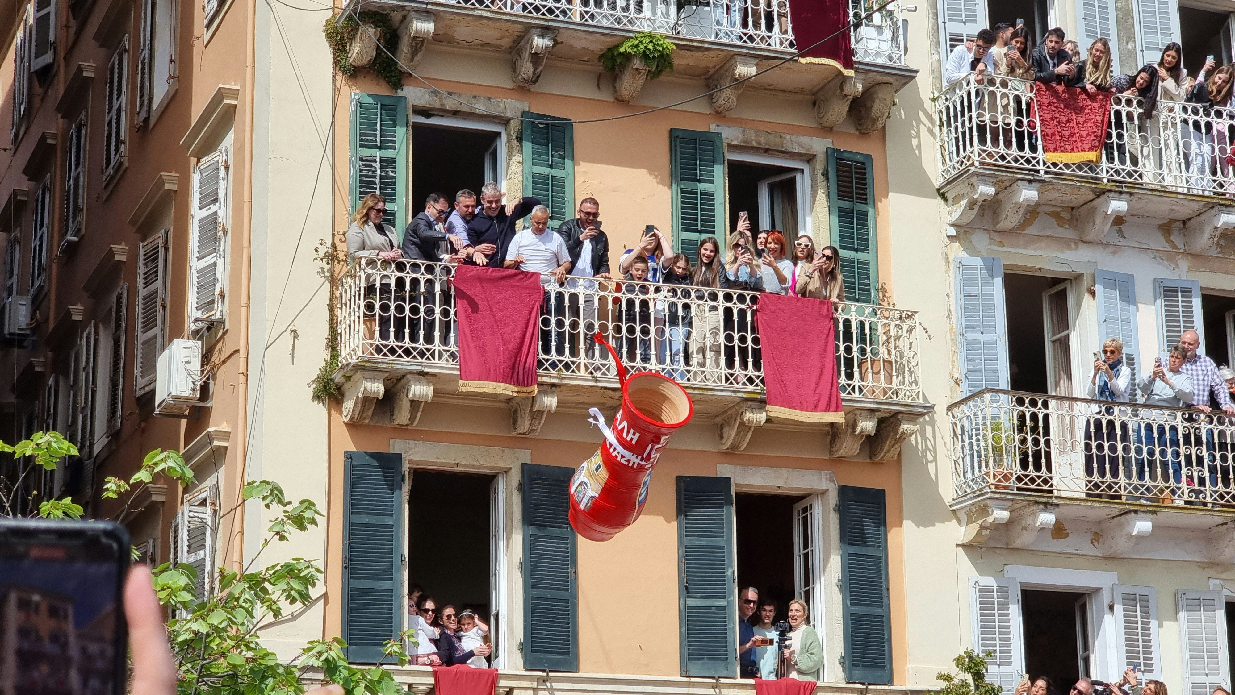 Clay pots being thrown off balconies in Corfu at Easter