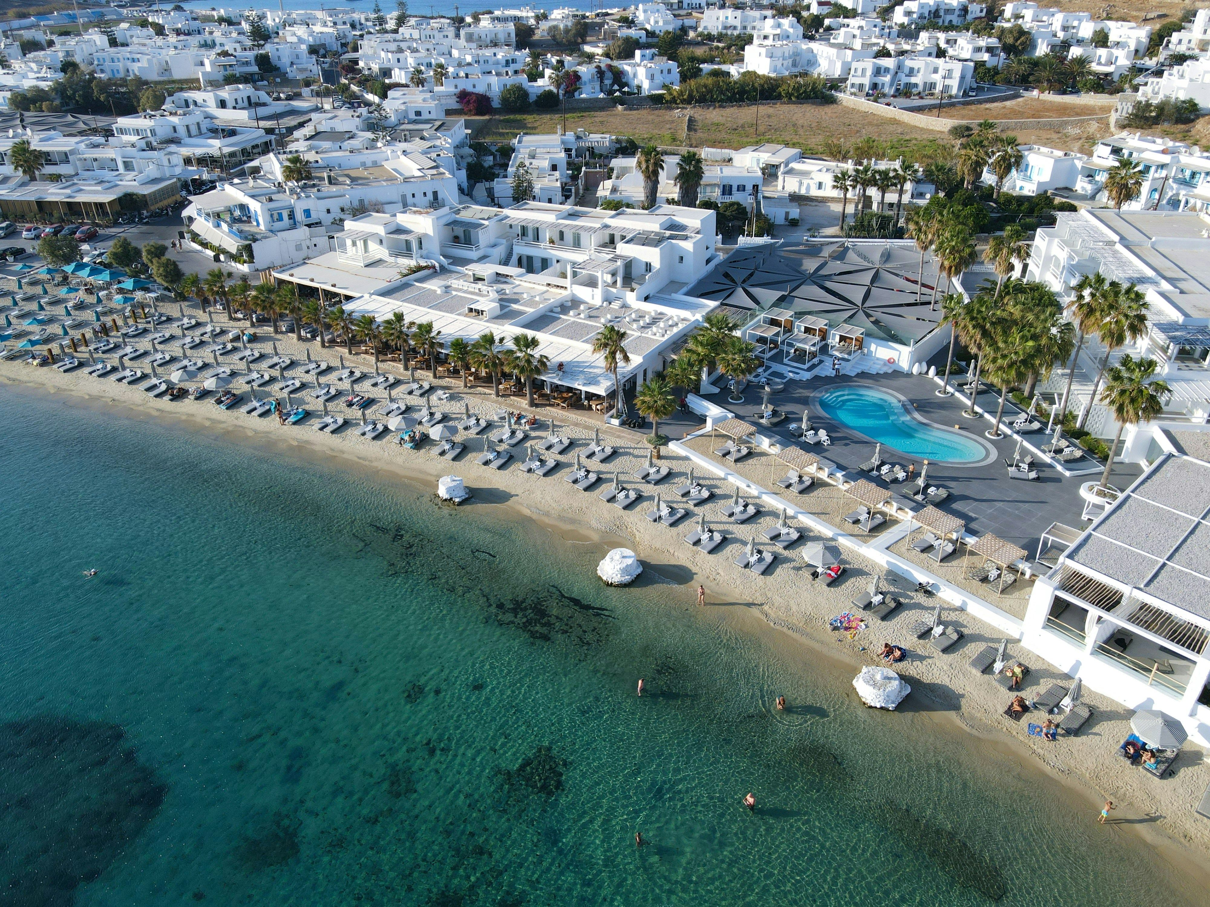 aerial view of Ornos beach in Mykonos