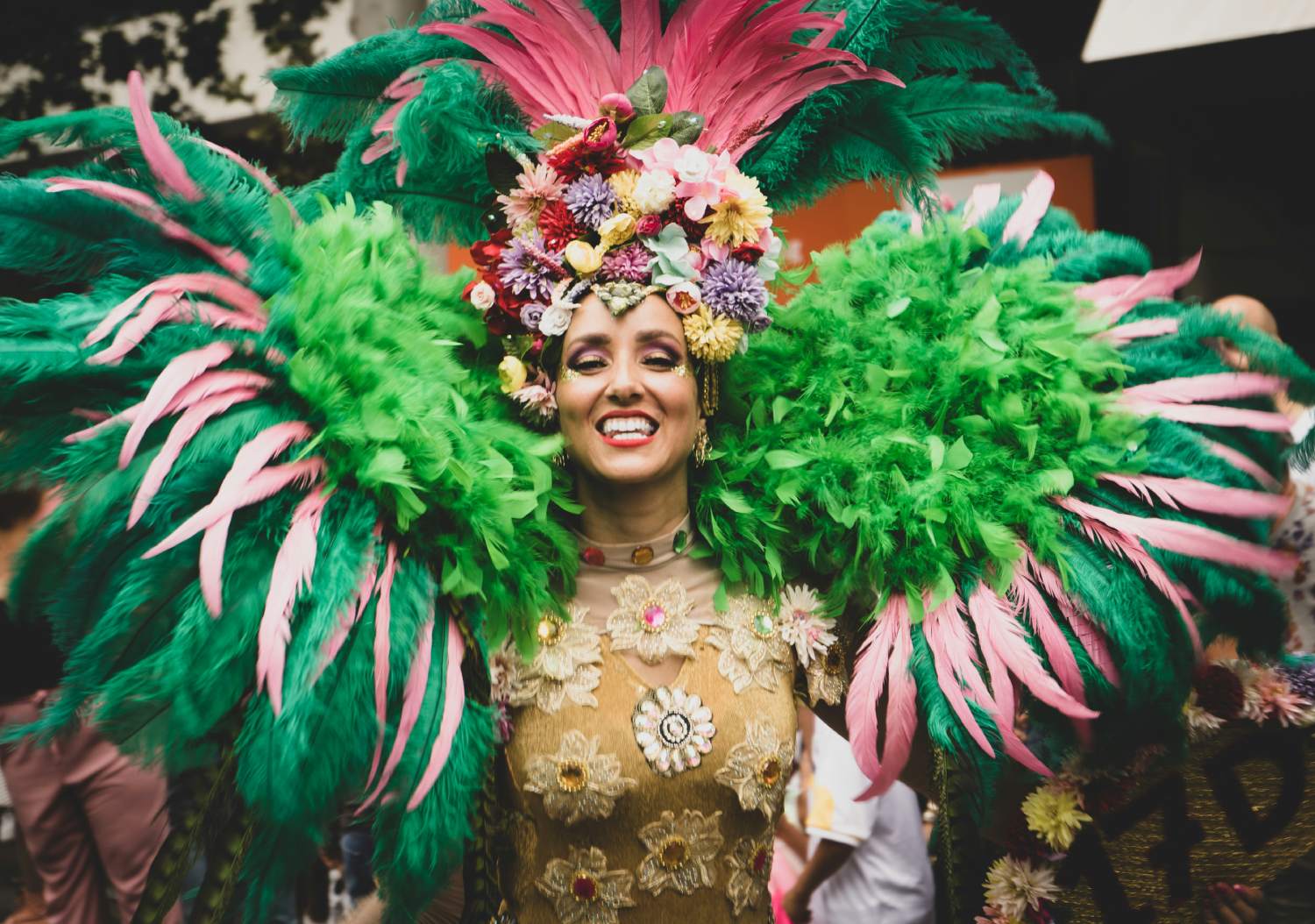 mujer disfrazada en el carnaval con gran vestido y plumas