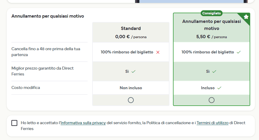 il confronto fra la tariffa standard e l'opzione Annullamento per qualsiasi motivo, con il costo di modifica compreso