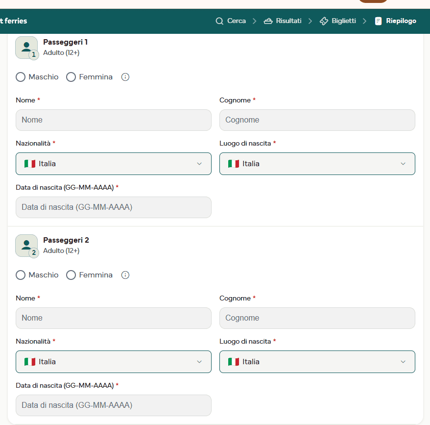 il modulo con nome, cognome, nazionalità, luogo di nascita e data di nascita per ciascun passeggero