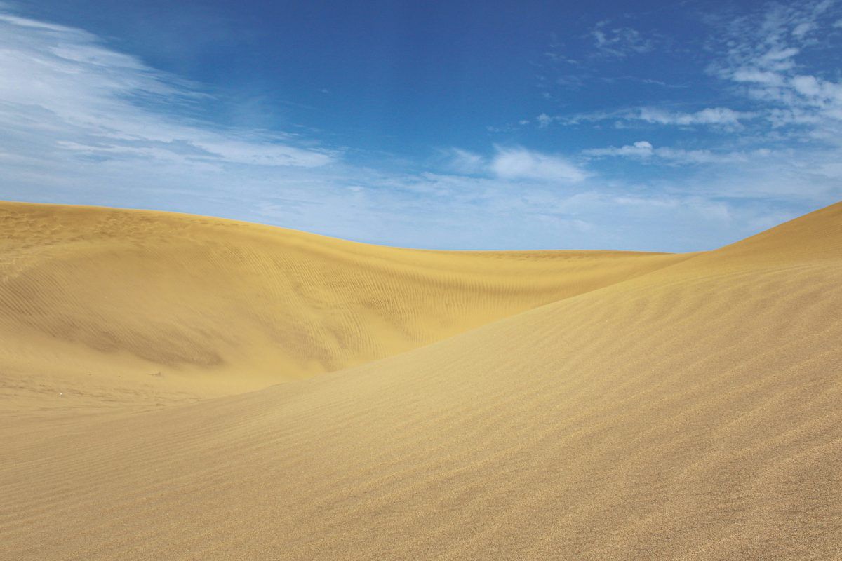 Dunas de arena de Maspalomas bajo un cielo azul en Gran Canaria.
