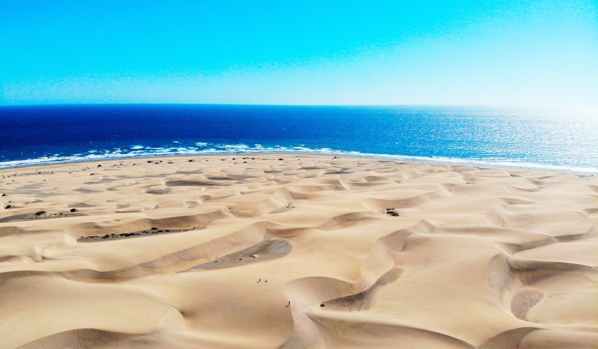 Dunas doradas de Maspalomas frente al mar azul en el sur de Gran Canaria, un paisaje natural único en las Islas Canarias.