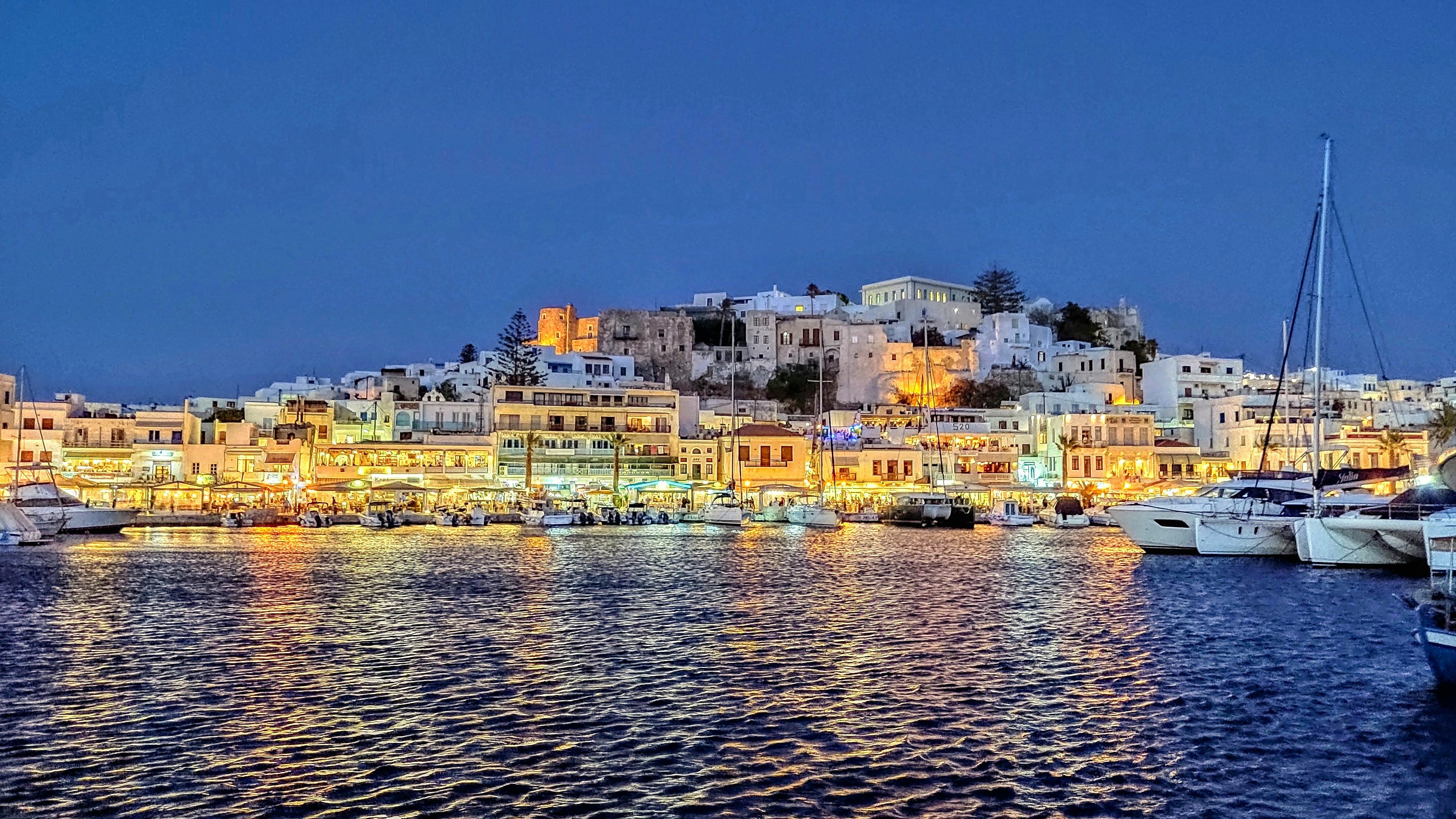 Naxos town lit up at night