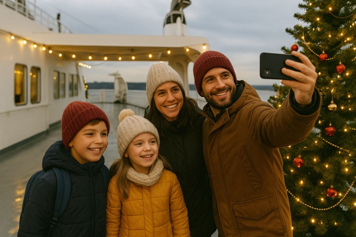 Familia disfrutando del paisaje invernal desde la cubierta de un ferry durante un viaje corto de Navidad