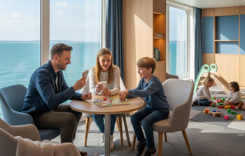 Familia disfrutando de juegos de mesa y relajándose en la cómoda sala interior de un ferry con grandes ventanas que miran al mar.