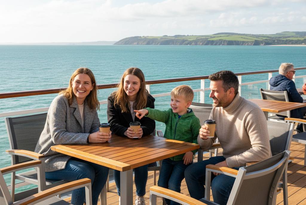 Familia sonriente tomando café en la terraza exterior de un ferry, con vistas al mar y la costa en un día soleado.